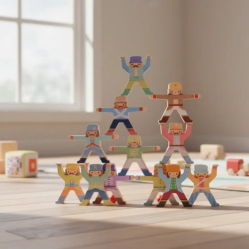 Bloques de madera apilables · Figuras humanas de equilibrio